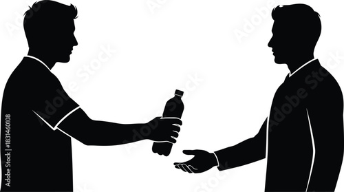 Two Men Silhouette Passing Water Bottle Vector Graphic Icon Illustration