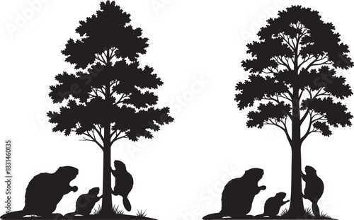 Beaver family silhouette under trees nature and wildlife illustration