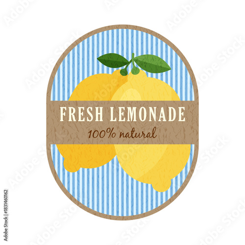 Label of lemonade natural beverage. Two yellow lemons and fresh green leaves on striped background. Rustic design for reusable tumblers, bottles, napkins for cafes, flyers or summer festivals.