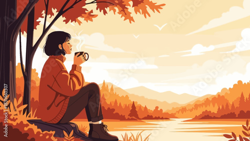 Cozy Autumn Scene A Person Enjoying a Warm Drink by a Serene Lake Amidst Fall Foliage