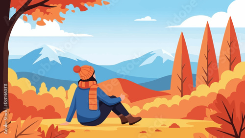 Peaceful autumn scene with a person enjoying the fall foliage and mountain landscape, a serene moment of reflection