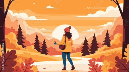 Autumnal landscape with a person enjoying a warm drink and the sunset in the mountains