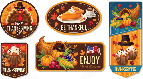 Thanksgiving labels with cornucopia, pie, and turkey
,Festive set of Thanksgiving labels featuring cornucopia, pumpkin pie, turkey, cupcakes, and holiday messages in warm autumn colors.
