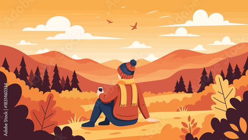 A person wearing a warm beanie and scarf relaxing with a drink while enjoying the serene autumn mountain landscape view