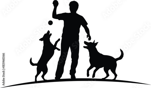 Man Playing with Two Dogs Silhouette Vector Illustration Throwing a Ball