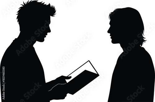Black vector silhouette of two men in profile discussing or reading a script