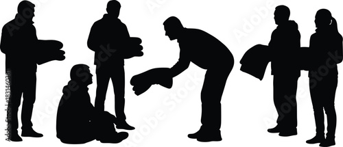Volunteer group giving blankets and aid to people in need silhouette vector illustration