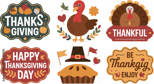 Thanksgiving badge and icon set with turkey and pie,Vector illustration set of Thanksgiving-themed badges and icons featuring turkeys, pie, festive text, pilgrim hat, and autumn elements