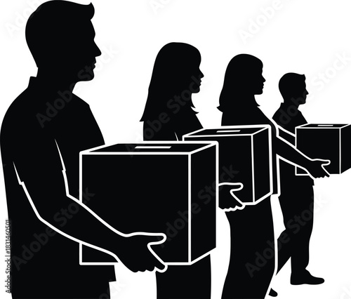 Black silhouettes of group of people carrying cardboard boxes in line representing donation moving or voting process simple vector illustration