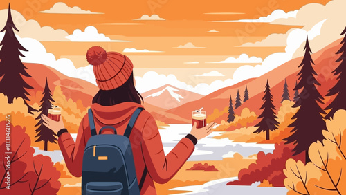 A woman with a backpack and a warm beverage enjoying the serene and vibrant autumn scenery of mountains and a forest during a hike