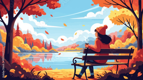 A Woman Enjoys a Peaceful Autumn Morning, Sipping Warm Drink on a Lakeside Bench Amidst Vibrant Fall Foliage and Serene Waters