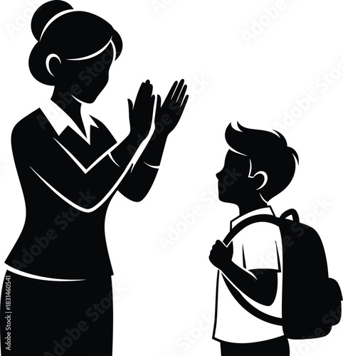 Teacher Applauding Student Silhouette Icon Black and White Vector Illustration of School Encouragement and Praise