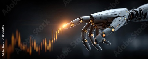 Robot hand analyzing stock market chart glowing fingertip concept. Futuristic robotic hand touching a glowing digital interface.