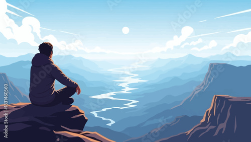 A contemplative person finds tranquility while sitting on a high cliff, overlooking a serene river valley and distant mountains at sunrise
