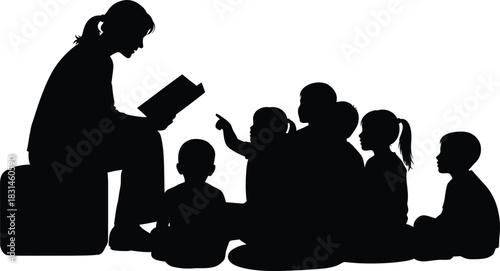 Teacher Reading Book to Children Story Time Silhouette Vector Illustration