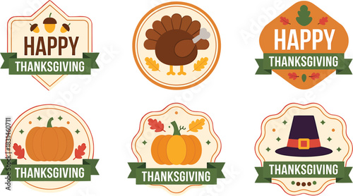 Thanksgiving vector badge set with festive icons,Vector collection of Thanksgiving badges featuring turkey, pumpkins, acorns, pilgrim hat, and greeting text on colorful shapes with green banners. Idea