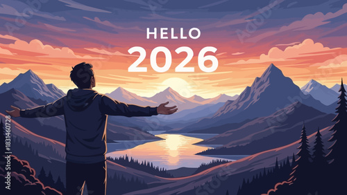 A solitary figure with outstretched arms overlooking a majestic mountain vista at dawn, envisioning new possibilities and a fresh start