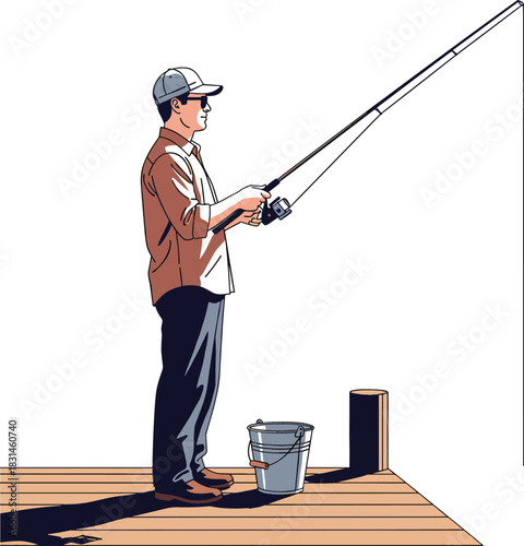 Man Fishing from Wooden Pier in Bright Midday Sun, Full-Body Side View, Isolated
