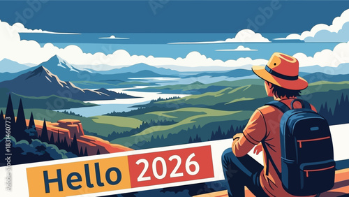 A thoughtful traveler, perched high above a majestic natural panorama, reflects on new beginnings and future adventures, welcoming the promise of an exciting upcoming year