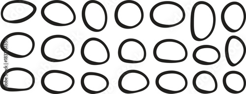Hand drawn round outline frames with different outline thickness. Set of oval, round frames of different sizes and shapes. Black uneven circles drawn with thick outline by hand with paint brush
