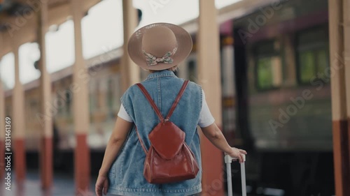 Mature female traveler waiting at train station platform
