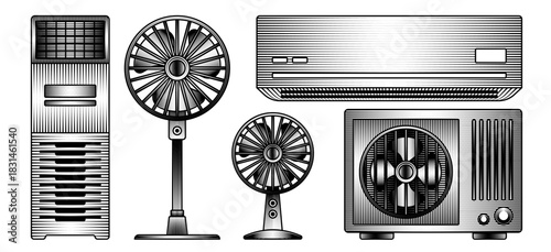 set of room cooling appliances including air conditioner unit electric fan outdoor compressor vintage engraving illustration black and white