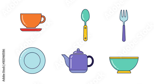 Colorful kitchenware illustration with cup plate spoon fork teapot and bowl