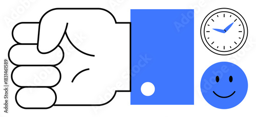 Time management. Simplistic visual of a hand gesture, clock, and happy emphasizing productivity and scheduling. Time management for personal growth, punctuality, efficiency, business, and planning