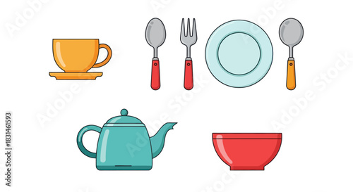 Colorful kitchenware illustration set for dining and serving concepts