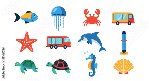 Colorful marine life and transport vehicles illustrated on a white background