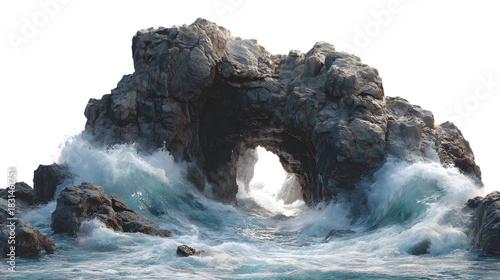 Fototapeta Naklejka Na Ścianę i Meble -  A dramatic, rocky coastline with waves crashing against a natural sea cave, creating a powerful and dynamic ocean scene, isolated on a Transparent background
