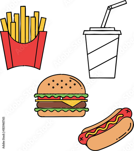 Minimal Line Art Vector of Fast Food Items in Clean Outline Style