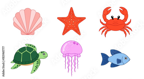 Colorful marine life collection on white background illustration for design