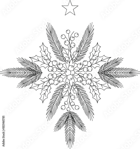 Minimal Line Art Illustration of Christmas Greenery and Star Accents