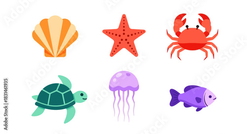 Colorful marine life illustration featuring various sea creatures on white backdrop
