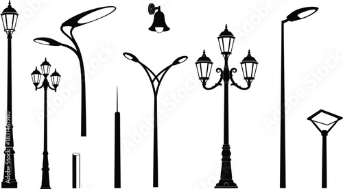 Variety of streetlight silhouettes on white background for urban design projects