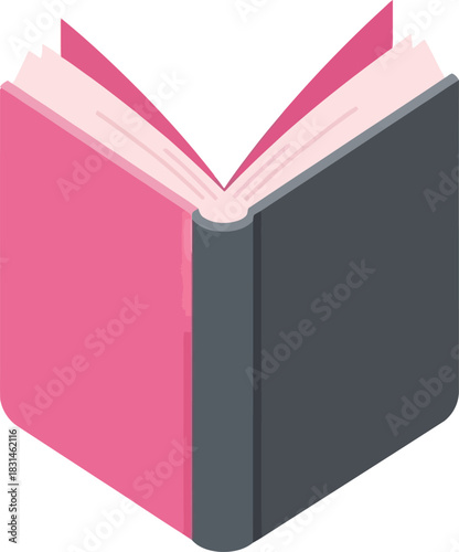 An open book with pink and grey covers, showcasing its pages, symbolizing knowledge, education, and literature in a simple, flat design