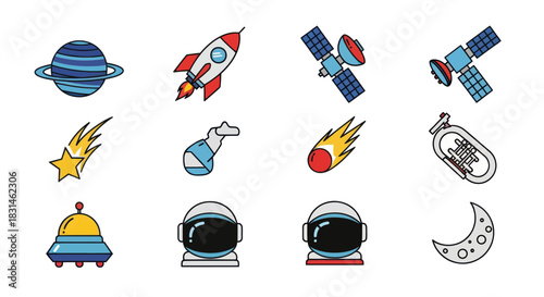 Colorful space elements illustrations for educational and design projects