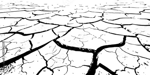 Dry, cracked earth texture with bold contrast and detailed fissures, depicting drought and climate change. High-resolution abstract background perfect for environmental, natural, and conceptual design