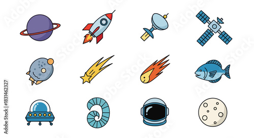 Colorful space icons set rocket ship planet satellite astronaut helmet