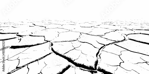 Dry, cracked earth texture with bold contrast and detailed fissures, depicting drought and climate change. High-resolution abstract background perfect for environmental, natural, and conceptual design