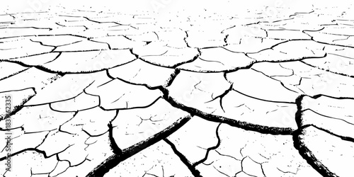 Dry, cracked earth texture with bold contrast and detailed fissures, depicting drought and climate change. High-resolution abstract background perfect for environmental, natural, and conceptual design