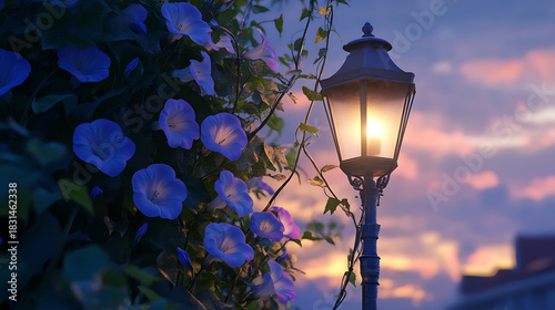 Evening lamppost and blooming flowers against a colorful sunset sky