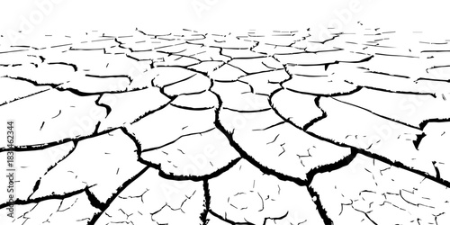 Dry, cracked earth texture with bold contrast and detailed fissures, depicting drought and climate change. High-resolution abstract background perfect for environmental, natural, and conceptual design