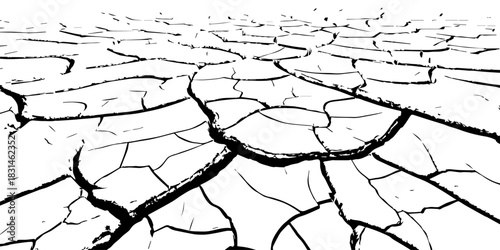 Dry, cracked earth texture with bold contrast and detailed fissures, depicting drought and climate change. High-resolution abstract background perfect for environmental, natural, and conceptual design