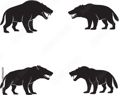 Four silhouetted andrewsarchus mammals in various poses on a white background