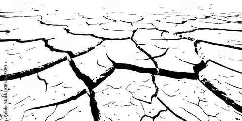 Dry, cracked earth texture with bold contrast and detailed fissures, depicting drought and climate change. High-resolution abstract background perfect for environmental, natural, and conceptual design