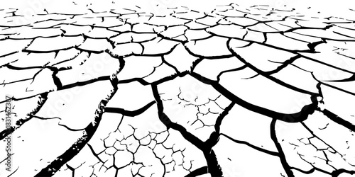 Dry, cracked earth texture with bold contrast and detailed fissures, depicting drought and climate change. High-resolution abstract background perfect for environmental, natural, and conceptual design