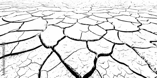 Dry, cracked earth texture with bold contrast and detailed fissures, depicting drought and climate change. High-resolution abstract background perfect for environmental, natural, and conceptual design