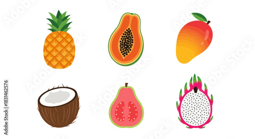 Colorful tropical fruits pineapple papaya mango coconut guava and dragon fruit